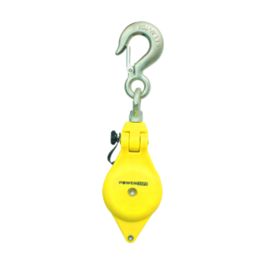 POLEA AISLADA AMARILLA DE 3" CON GANCHO DE SEGURIDAD CON UNA CARGA MAX. DE TRABAJO SEGURA DE 1,000 LBS CON APERTURA LATERAL, MCA POWER SAFE