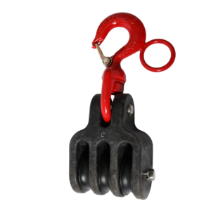 POLEA TRIPLE DE FIBRA DE VIDRIO CON GANCHO DE SEGURIDAD CON DESTORCEDOR. MCA. HASTINGS